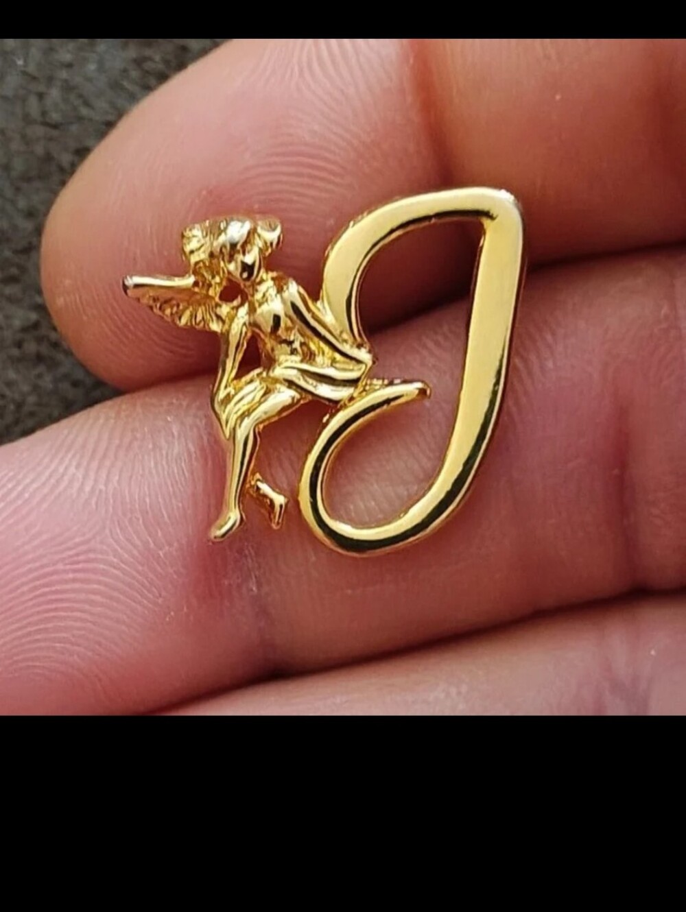 1980s Gold Tone Monogram Initial J & Guardian Angel Brooch Pin